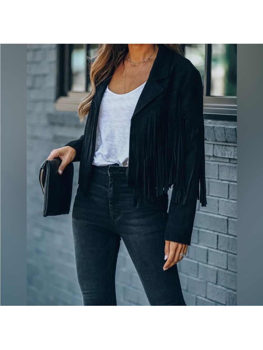 Black Fringe Faux Suede Jacket